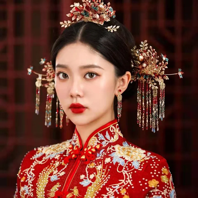 Chinese Bridal Headdress Tranditional Wedding Crown Hair Comb Hairpins Set Brides Costoume Xiuhe Hair Accessories