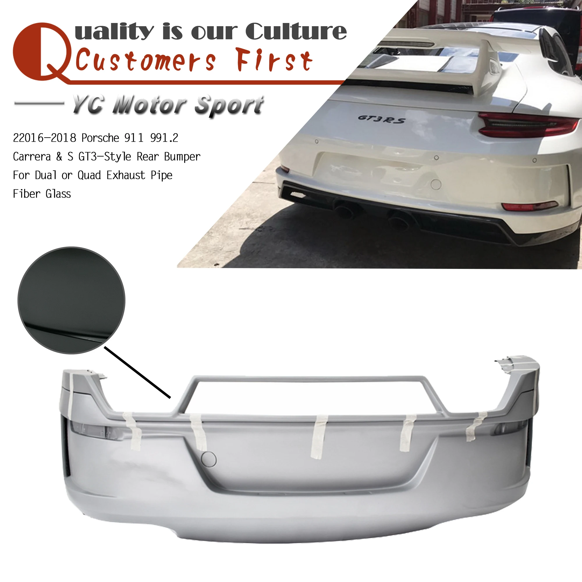 Car Accessories FRP Fiber Glass Rear Bumper GT3-Style Fit For 2016-2018 911 991.2 Carrera & S For Dual or Quad Exhaust Pipe