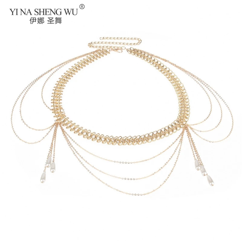 Cadena de aleación de exageración para danza del vientre para mujer, cinturón de cintura multicapa, borla de perla de Chian, joyería de moda, novedad