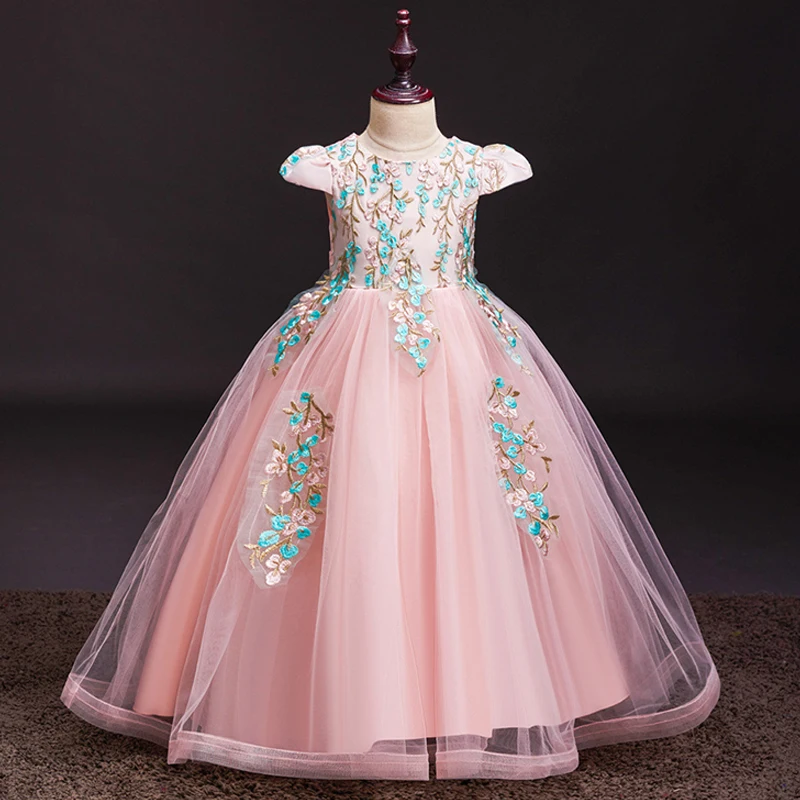 Robe de soirée élégante pour enfants, robe de demoiselle d'honneur, appliques, fermeture éclair, manches courtes, petite fille, Rhde princesse, quoi que ce soit, HT207