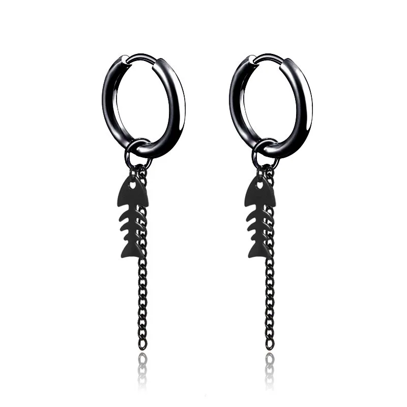 SOHOT New Unisex Titanium Stainless Steel Fish Bone Hoop Earrings Black Color HipHop Wholesale Punk Chic Tassel Chain Man Party