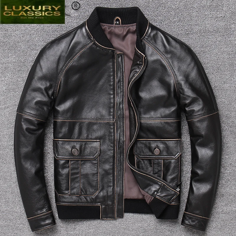 

Genuine Men's 2021 New leather jacket Men blouson homme russian military sheepskin coats mens cow leather jacket PPH1016