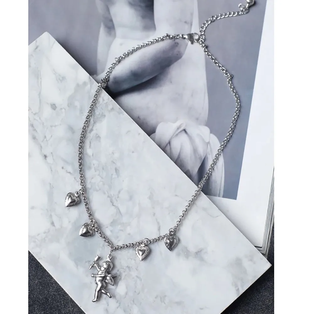 YC-UPGO New 2020 Fashion Silver-plate Cupid Heart Pendant Necklaces For Women Simple Geometry Chain Female Necklace Jewelry Gift