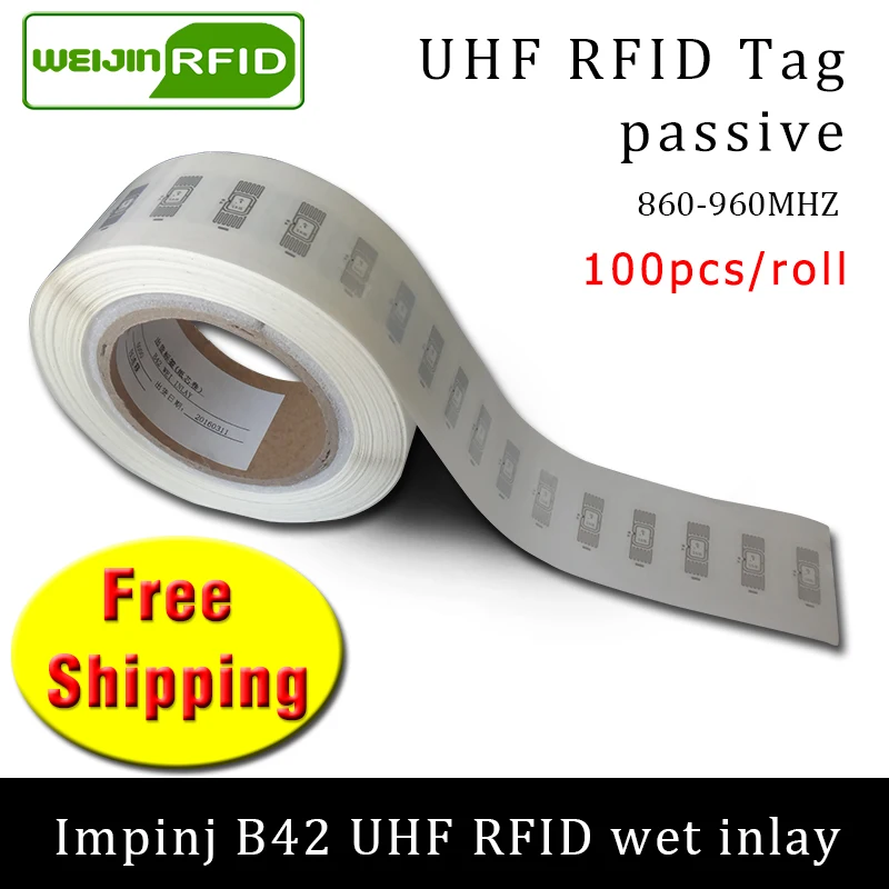 

UHF RFID tag EPC 6C sticker Impinj B42 wet inlay 915mhz868mhz860-960MHZ 100pcs free shipping adhesive passive RFID label