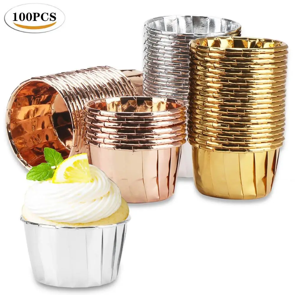 100pcs/pack Aluminum Foil Cupcake Liners Cupcake Holder Baking Cups Pans Muffin Pudding Holders Wappers  for Party Wedding