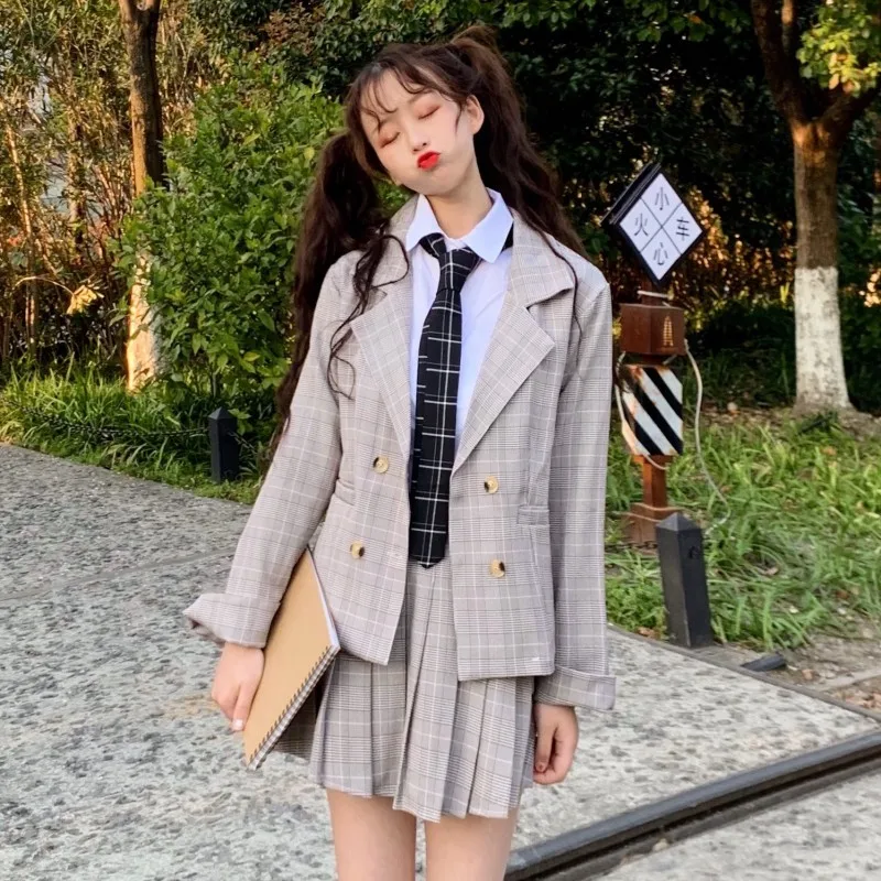 Suit Female Autumn New Korean Version of the Western Style Students Shirt Loose Plaid Coat JK Small Suit Pleated  school skirt