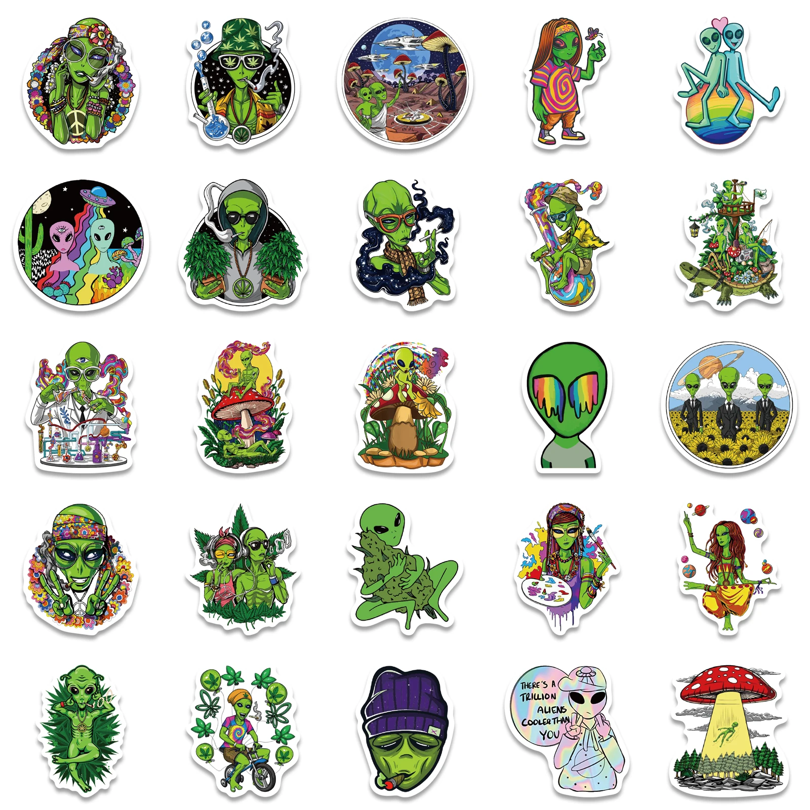 50PCS Psychedelic Weed Alien Sticker Funny Characters Leaves Graffiti Stickers Bike Travel Luggage Guitar Laptop Cool Sticker