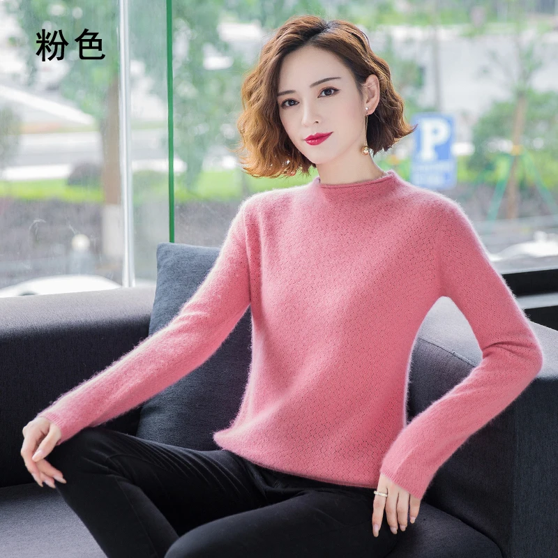 New Autumn Round Neck 100%Pure Mink Cashmere Sweater Women Short Loose Knit Base Shirt Long-Sleeve Hollow Blouse Warm Pullover