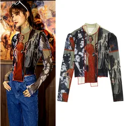 Spring Summer New Style Women's Tshirts Mesh Patchwork Long Sleeve Top's Women Retro Style Crop Top T-shirt Clothes SL420