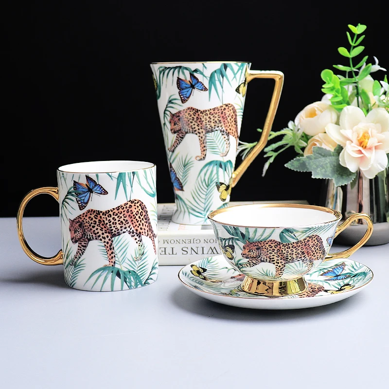 Europe Luxury Bone China Coffee Mug Cup Set, Leopard Forest Cheetah Water Drinking Glasses, Teacup Home Drinkware Gifts