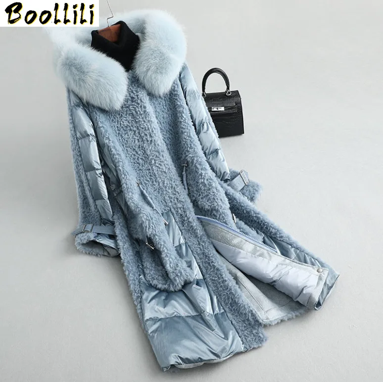 Sheep Boollili Real Shearling Fur Coat Female Real Fox Fur Collar Long Down Jacket Winter Jacket Women 100% Wool Coats