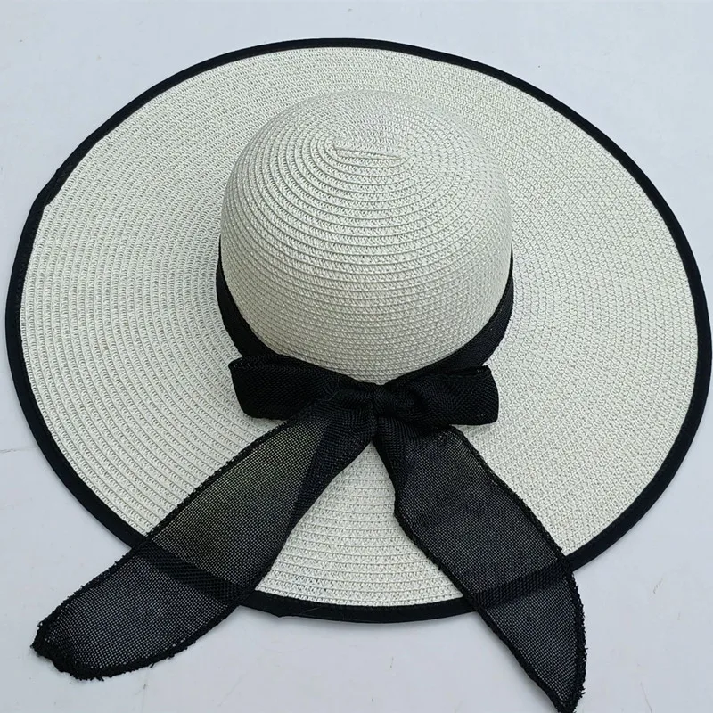 Summer Women\'s Bowknot Straw Hat New Beach Big Brimmed Hat Foldable Travel Seaside Vacation Travel Outdoor Sunscreen Caps