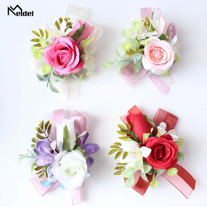 Meldel Silk Flowers Corsage Bracelet Bridesmaids Artificial Flowers Wedding Groom Boutonnieres Wedding Marriage Corsage Brooches