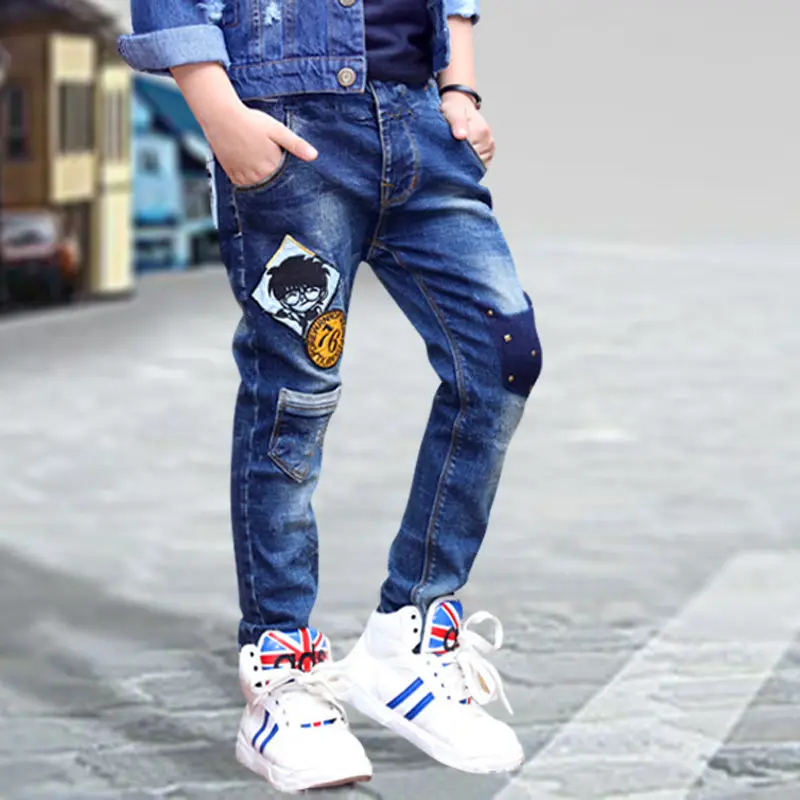 

New Spring Children Jeans 2021 Toddler Boys Rivet Denim Trousers Cartoon Patchwork Jeans Pants Cotton Teenage Boy Clothing