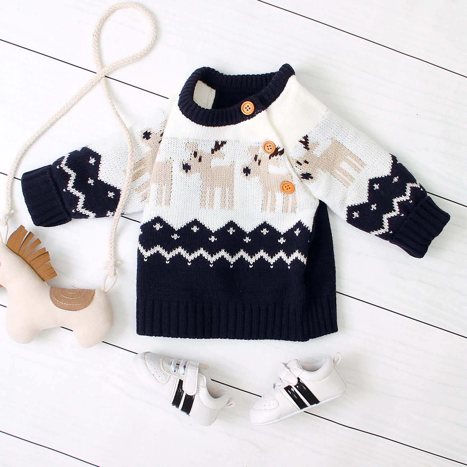 Christmas Children Girls Boy Knitted Cartoon Sweater Round Neck Long Sleeve Loose Sweater with Elk Pattern for Spring and Winter