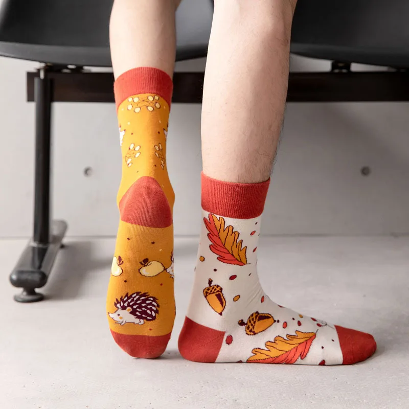 New Men Happy Funny Socks Cartoon Flower Bird Rooster Hedgehog Insect Creative Hip- hop Skateboard Sock Men\'s Fashion Trend Hot