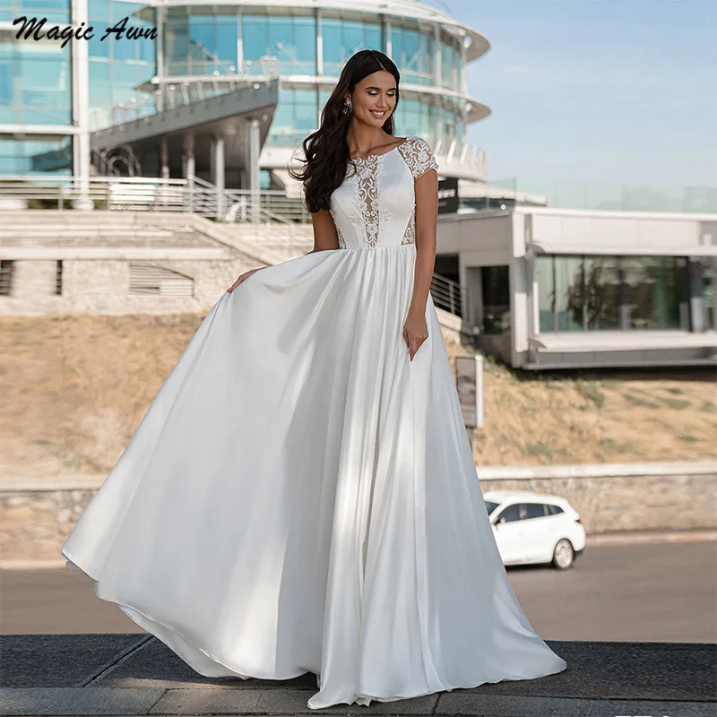 Magia Awn 2021 ślub księżniczki sukienki w stylu Boho koronkowe aplikacje satynowe Mariage suknie Illusion-line plaży suknia dla panny młodej Abito Da Sposa