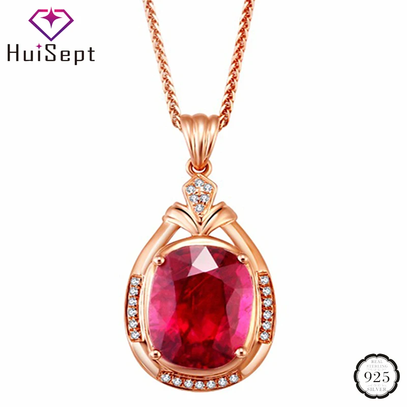 

HuiSept Classic Silver 925 Necklace with Oval Shaped Ruby Gemstone Zircon Pendant Female Jewellery Wedding Party Gifts Ornaments