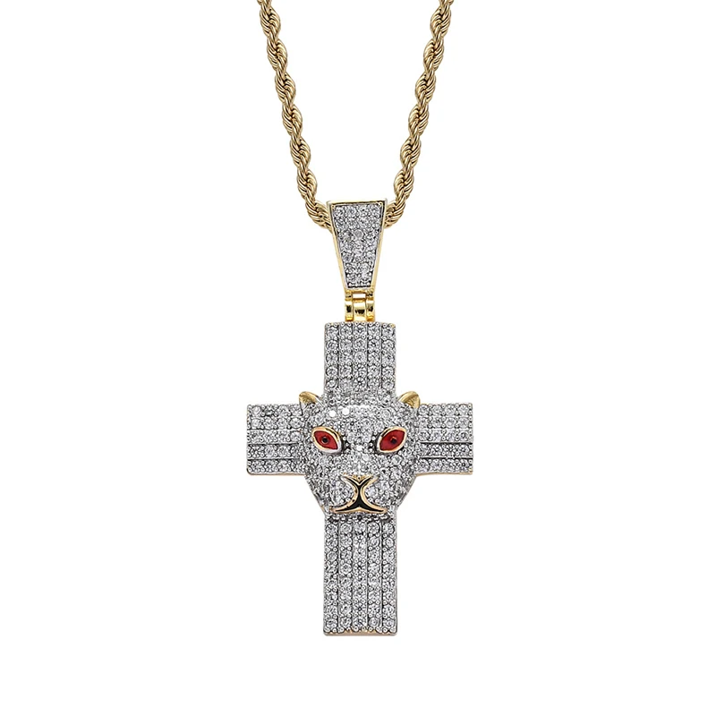 

Hip Hop AAA Cubic Zirconia Paved Bling Iced Out Leopard Cross Pendants Necklace for Men Rapper Jewelry Gold Silver Color