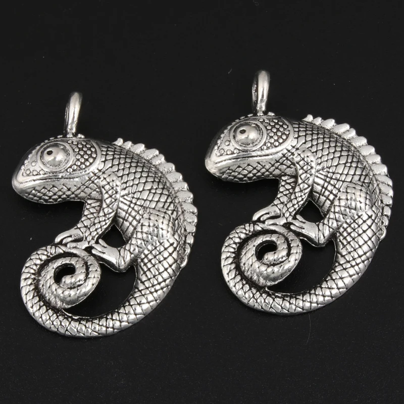 Dijes de lagarto de Color plateado, colgante de Animal reptil de cabrita, apto para bricolaje, hecho a mano, fabricación de joyas de aleación, suministros para encontrar, 8 piezas, 36x32mm