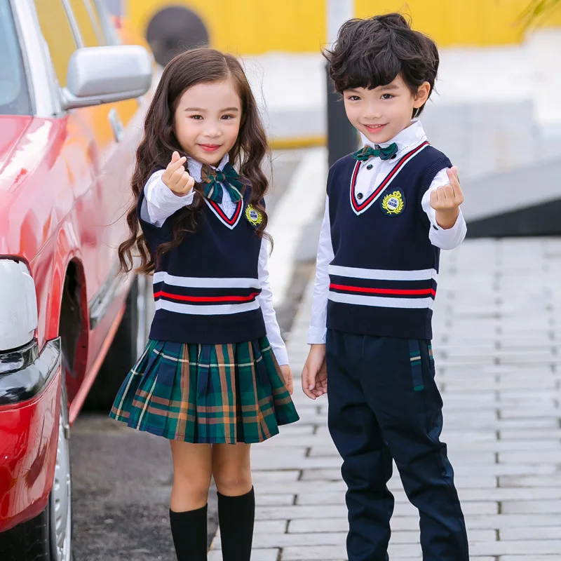 Uniforme escolar britânico para meninos e meninas, conjunto de uniforme de jardim de infância com gola em v, colete plissado