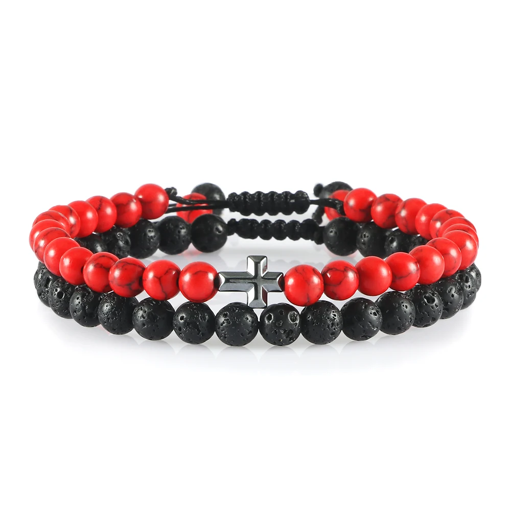 Red Black Stone Bracelet Cross Braided Adjustable Rope 6mm Beaded Couple Distance Bracelets For Women Men Friendship Jewelry