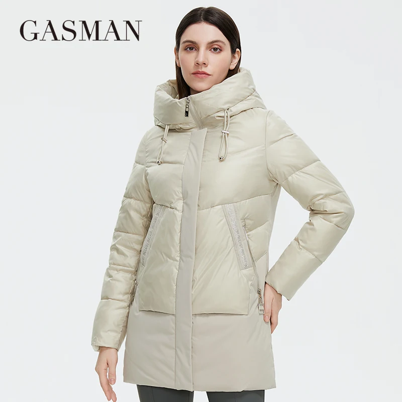 

GASMAN 2022 Women's Winter Down Jackets Mid-length Hooded Coat women Big pocket High Quality Stand-up collar Outwear Parka 81057