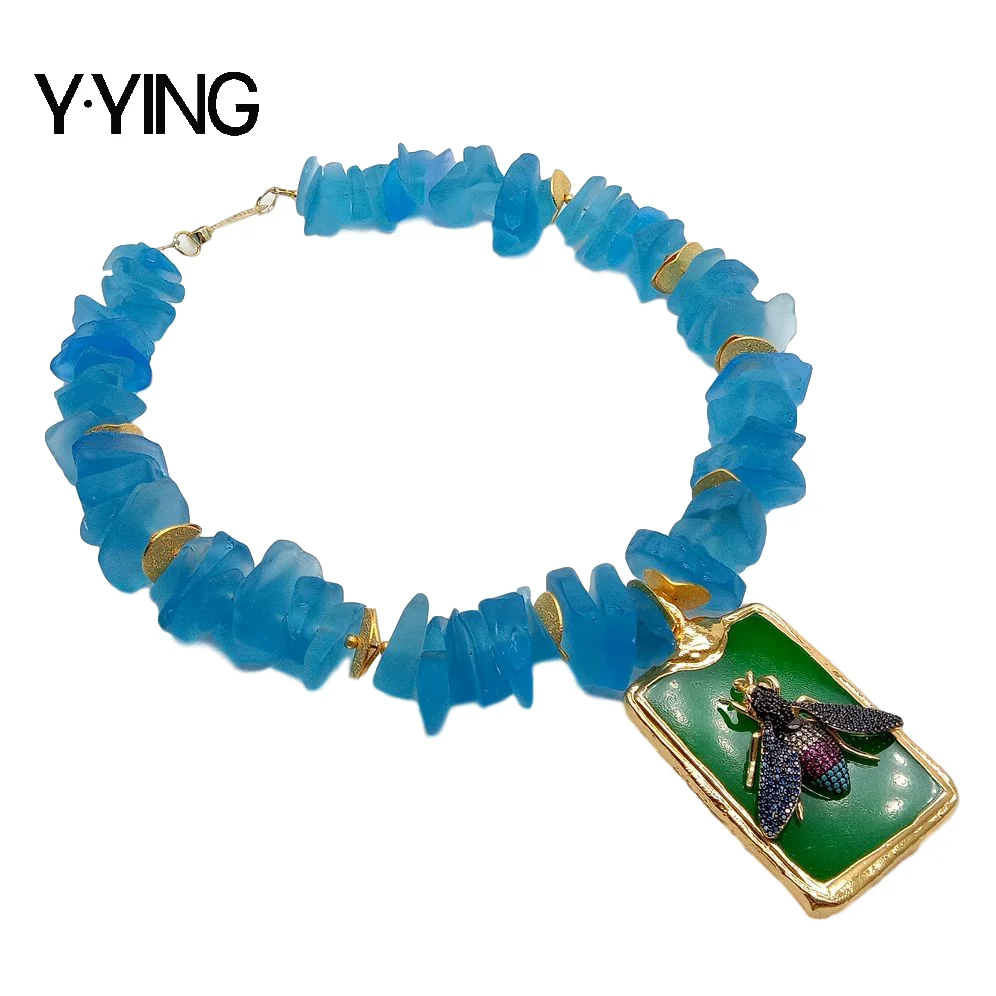 

Y·YING Blue Glass Rough nugget Raw Necklace Green Jades Insect Cz pave Pendant necklace hyperbole style for women 18"