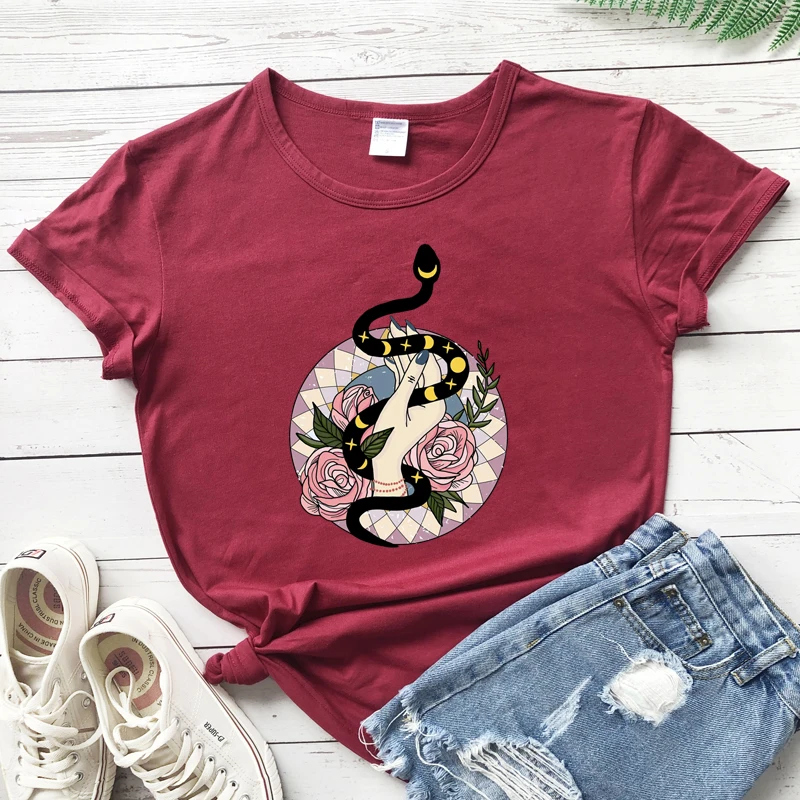 Boho Moon Phases Snake In Hand Colored T-shirt Aesthetic Witch Spiritual Tshirt Vintage Witchy Woman Gothic Graphic Tee Top