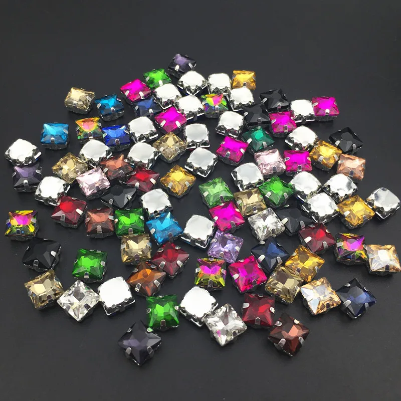 HOT SALE 8mm 10mm 12mm 14mm Square shape Crystal glass sew on rhinestones With silver claw DIY Shoes hat garment accessories