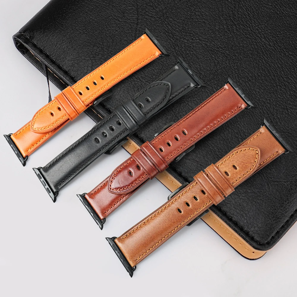 MAIKES Genuine Leather Strap For Apple Watch 45mm 41mm 44mm 42mm 40mm 38mm Series 7 6 SE 5 4 3 iWatch Watchband