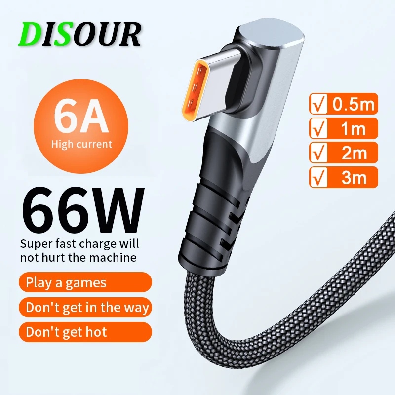 NEW 6A 66W Super Fast Charging Cable 90 Degree USB C Nylon Braided Cable Type C Data Cord For Huawei Xiaomi Samsung 1/2/3M