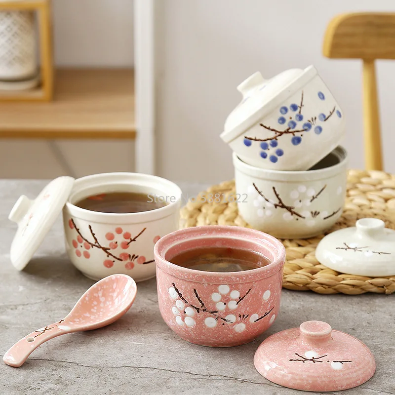 Japanese-style Hand-painted Underglaze Ceramic Tableware 300ml Single Edible Small Bird\'s Nest Stew and Water-proof Stew Pot