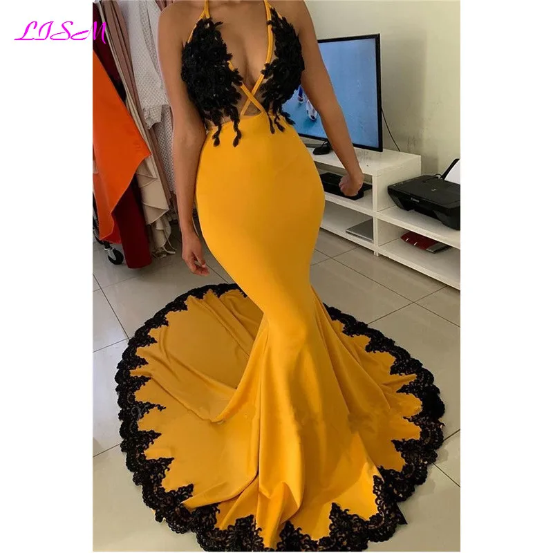 Sexy profundo decote em v longo sereia vestidos de baile novo sem mangas halter pescoço noite vestido formal rendas apliques vestidos de festa 2020