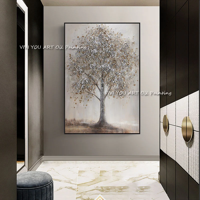 The Taupe Fall Original Abstract Modern Handpainted Textured Brush Large Pretty Nature View Wall Art Tall Large Silver Tree