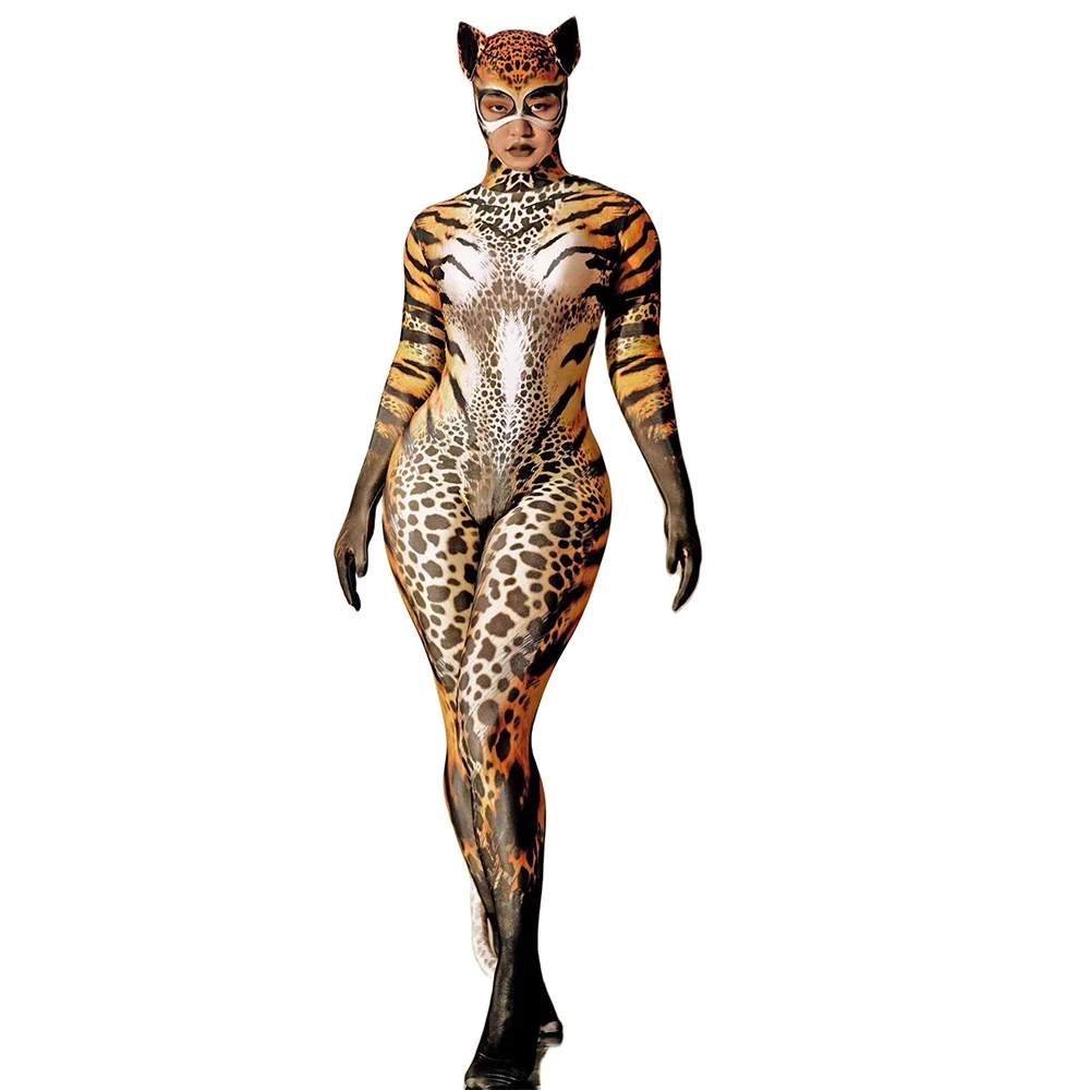 

Cat Women Leopard Printing Jumpsuit Role Playing Drag Queen Costume With Tail Performance Stage Wear Nightclub Outfit Tights