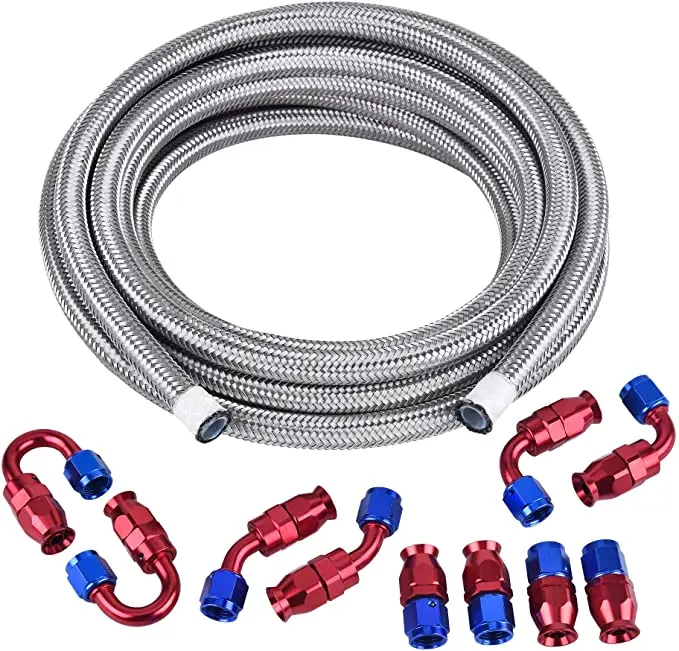 5M AN10 10AN PTFE E85 Hose Braided Fuel Injection Line Fitting Kit 0/45/90/180degree Stainless Steel Silver (Hose ID: 0.51inch)