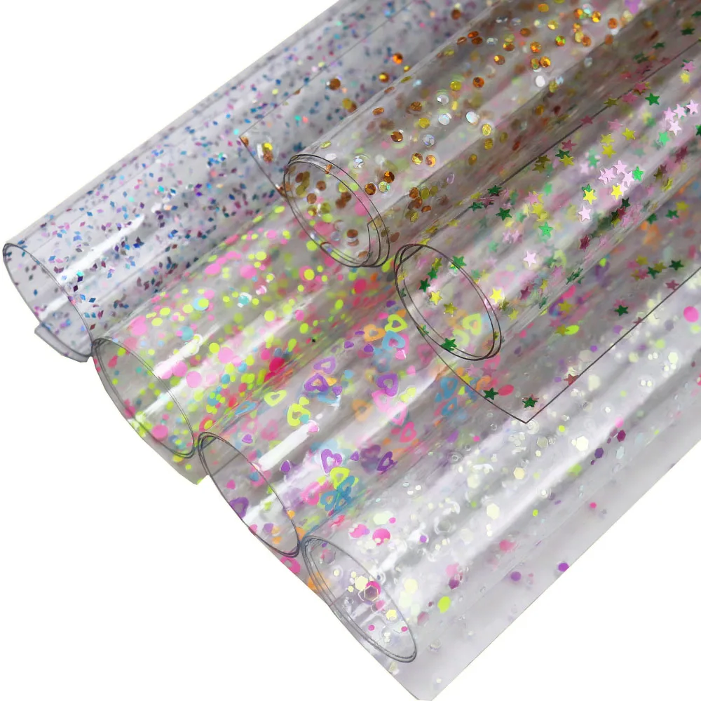 30x130cm Roll Clear Ultra-Transparent Withe Glitter Powder Love Hearts Star Color Dot PVC Jelly Fabric For Handbags PV041