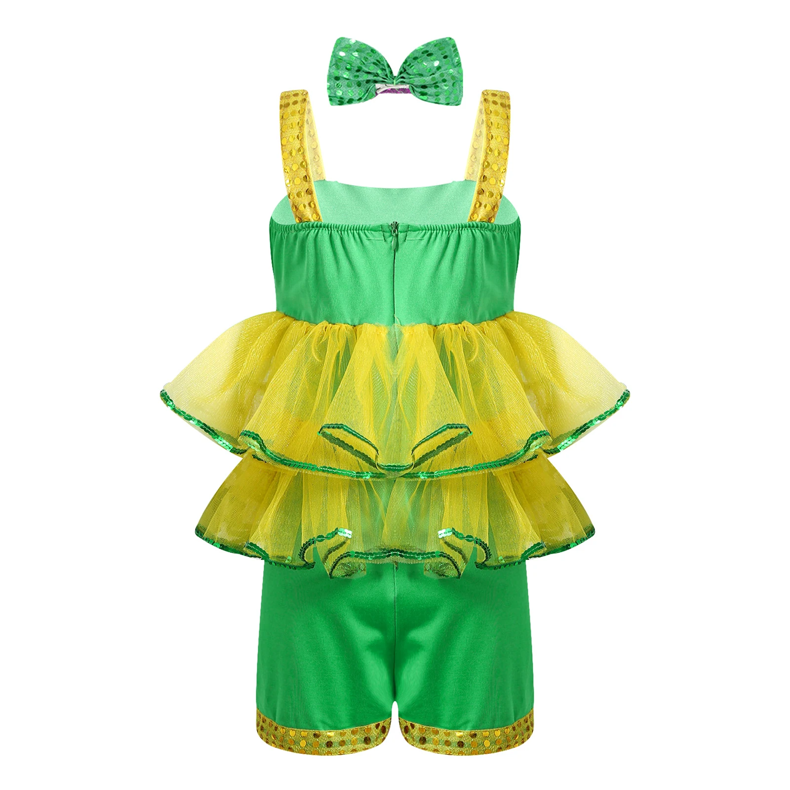 Kids Girls Modern Dance Performance Costume Straps Sleeveless Sequins Layered Mesh Adorned Short Jumpsuit With Bowknot Hairpin