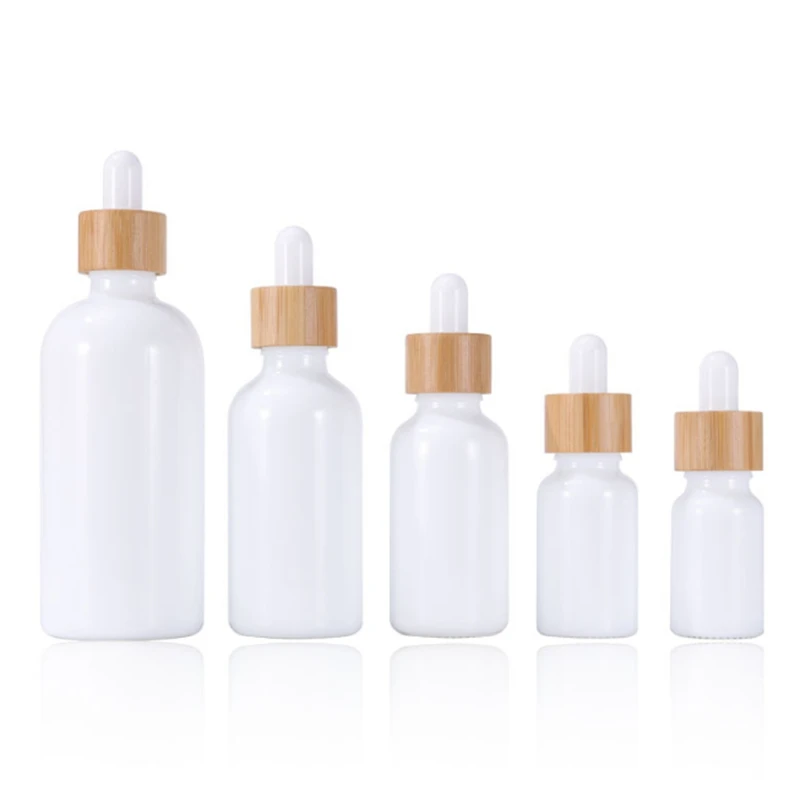 10ml 15ml 30ml 50ml 100ml Opal White Glass Bottle with Bamboo Dropper Empty Essential Oil Bottles