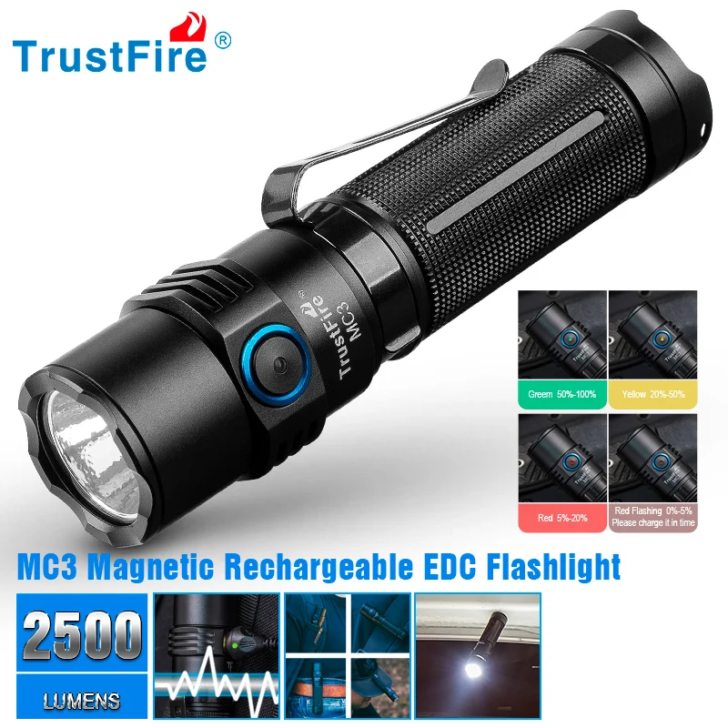 Trustfire Mc3 High Power Rechargeable Led Flashlight 2500 Lumens Xhp 50 Led 21700 Ipx8 Magnetic Charge 2a Powerful EDC Lamp