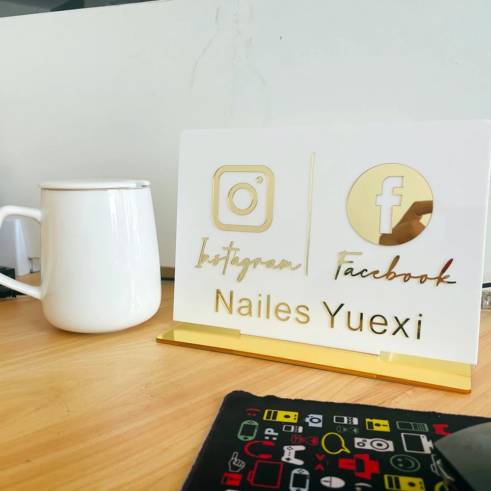 Custom Instagram Facebook White Table Sign Personalized Mirror Gold Acrylic Laser Cut Twitter YouTube Shop Store Sign with Base image 5