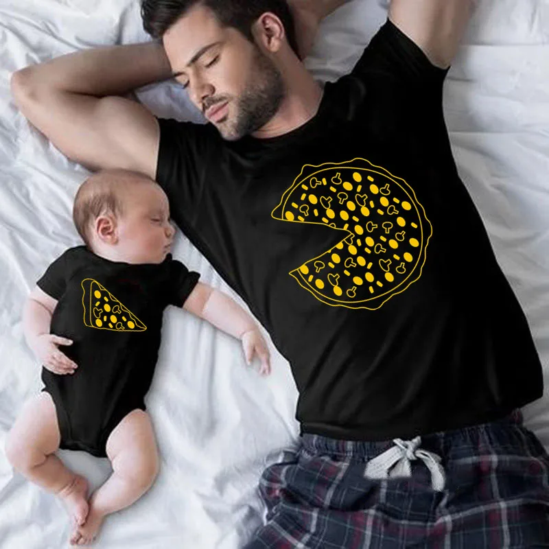 

Funny Cotton Funny Family Look Dad and Son Family Matching Clothes Pizza Print T-shirt for Daddy Mommy Kids Romper for Baby