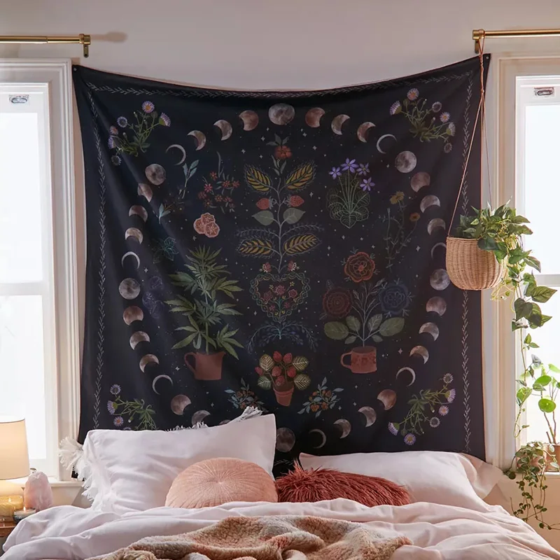 Moon Phase Tapestry Wall Hanging Botanical Celestial Floral Flowers Wall Tapestry Hippie Wall Cloth Dorm Decor Starry Sky Carpet