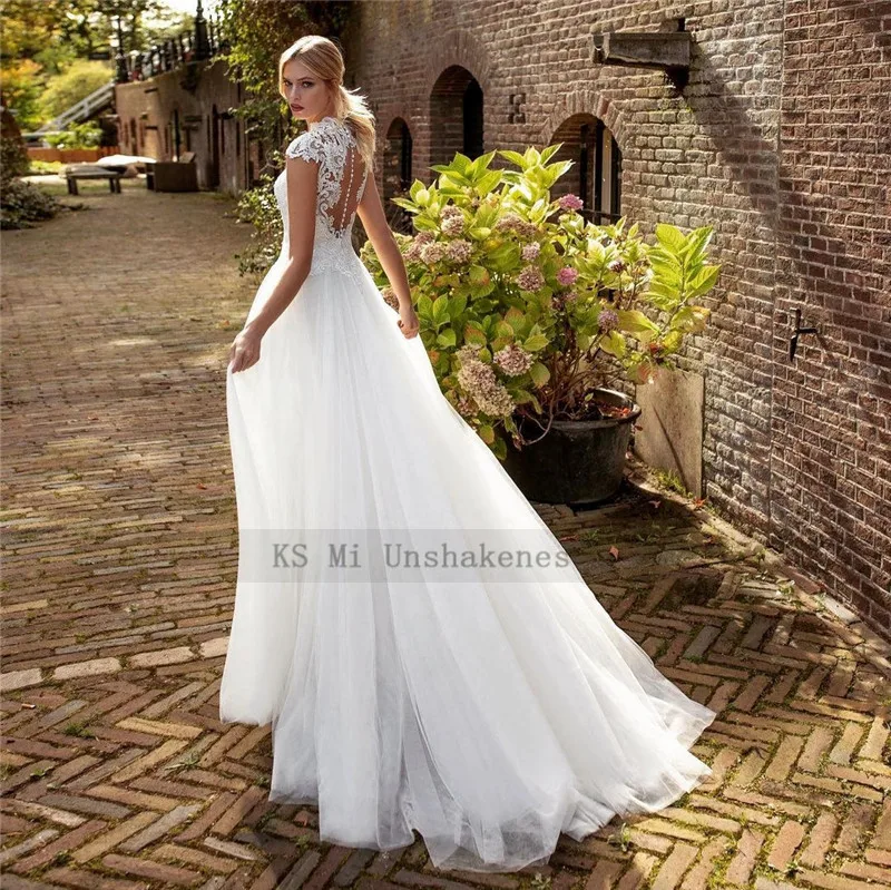 Abiti da sposa in turchia abiti da sposa con maniche A cappuccio in pizzo una linea abito da sposa Vintage Boho 2021 Brautkleid Illusion Back Applique