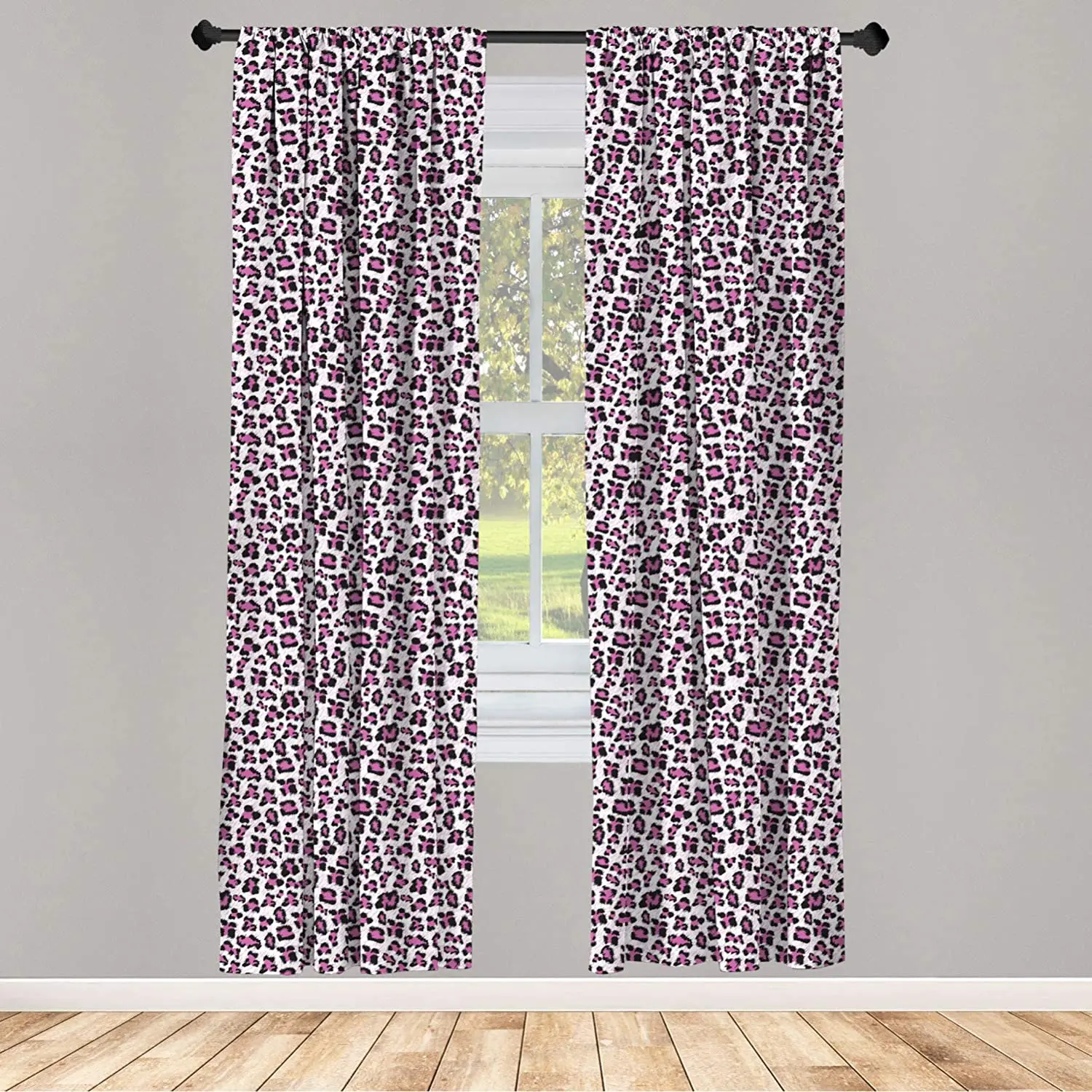 Leopard Print Window Curtain Pink and Black Colored Girlish Safari Savannah Wildlife Lightweight Decorative