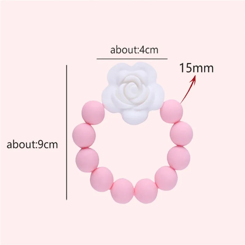 Baby Teether Bracelet Silicone Ring Natural Teething Grasping Toy Rose Flower Bead Toddler Teether Newborn DIY Baby Gift