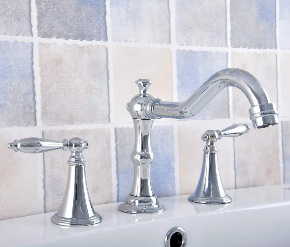 Polished Chrome Brass Deck Mounted Dual Handles Widespread Bathroom 3 Holes Basin Faucet Mixer Water Taps mnf539