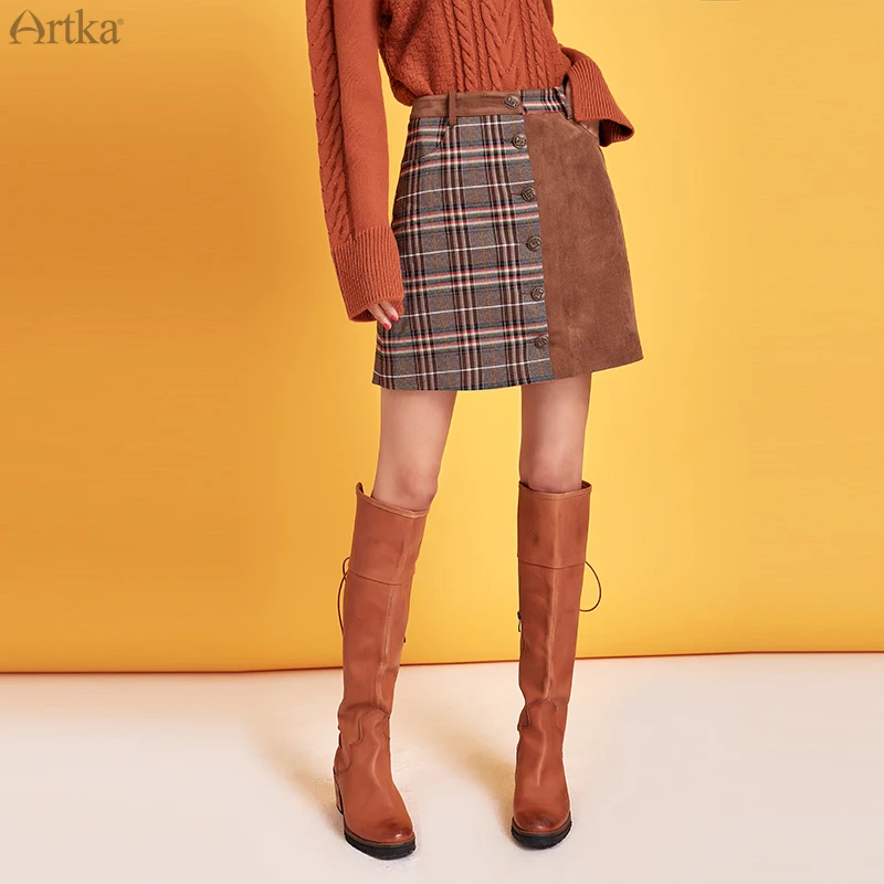 

ARTKA 2025 Autumn Winter New Women Skirt Vintage Plaid High Waist Skirt Single-breasted Skirts With Pockets For Women QA15096Q