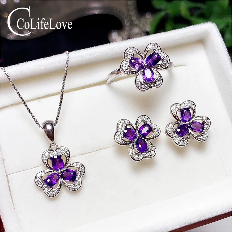 

CoLife Jewelry 925 Silver Amethyst Jewelry Set for Party 12 Pieces Natural Amethyst Silver Jewelry Fashion Gemstone Jewelry Set